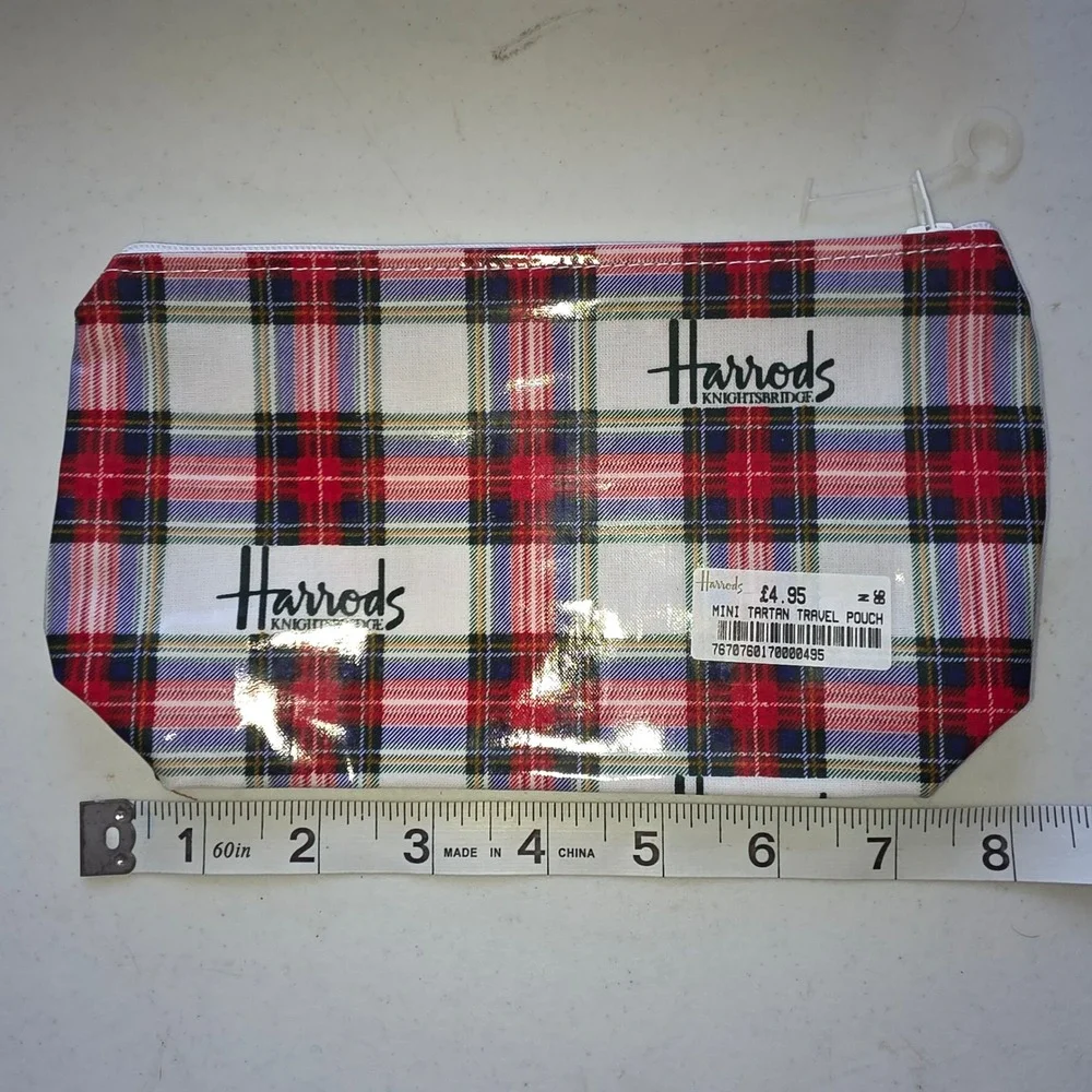 Harrods Knightsbridge Mini Tartan Travel Pouch Plaid Glossy PVC Makeup Bag Red‎